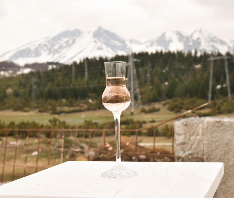 a glass of wine on a table with mountains in the background at Villa Boris in Junčev Do