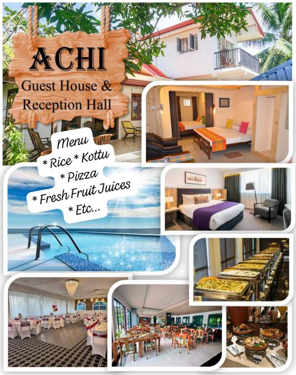 a collage of photos of a guest house and reception hall at achi gest house in Mulliyavalai