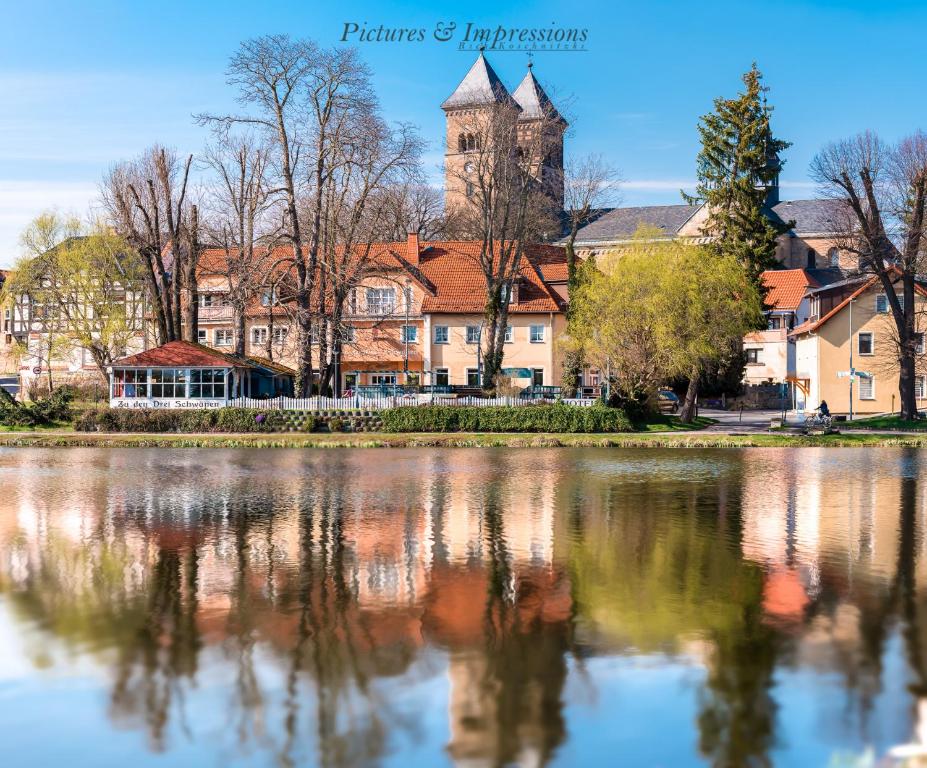 a building next to a large body of water at Gasthaus & Landhotel Zu den drei Schwänen in Bad Klosterlausnitz