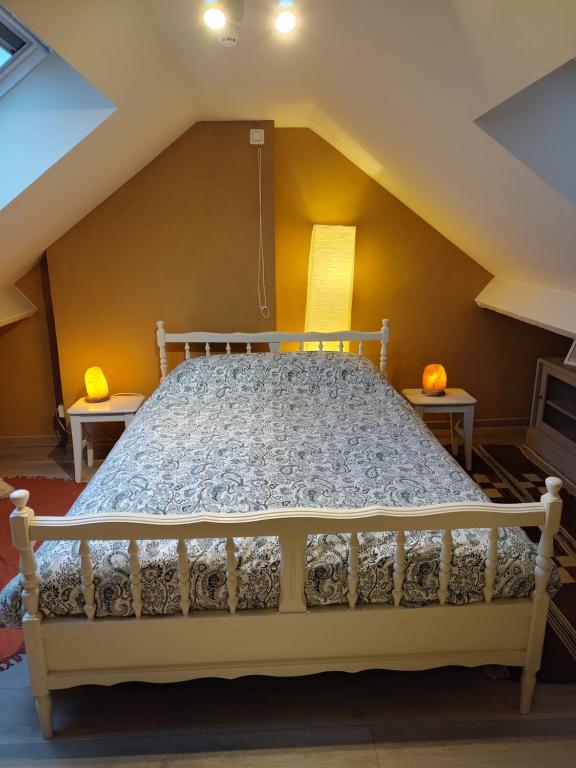 a bedroom with a bed in a attic at Huis van Rooi Willebringen in Boutersem