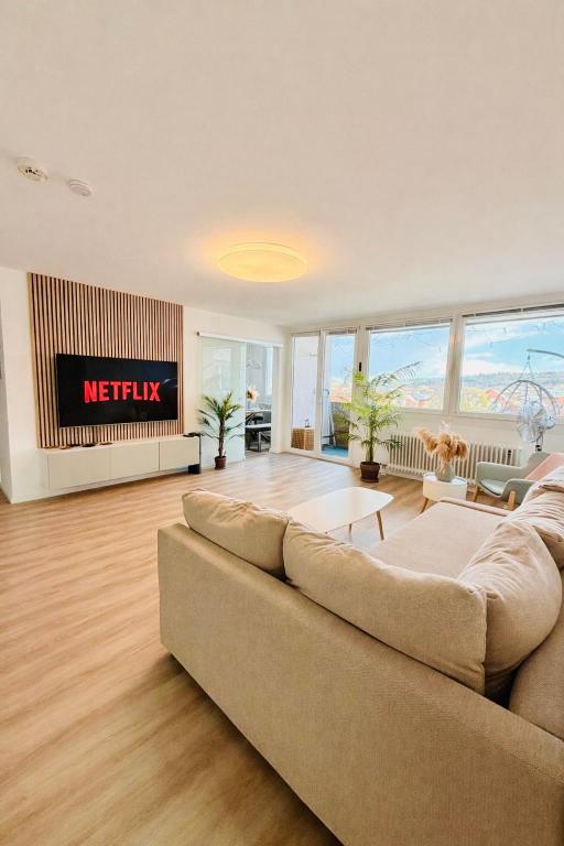 a living room with a couch and a television at Stylish Apartment Balcony 2 BR Central in Kaiserslautern