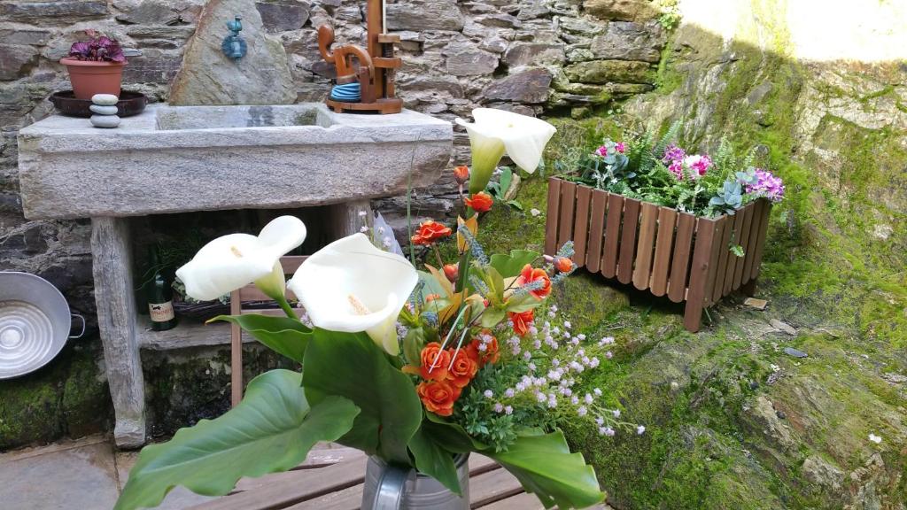 un vase rempli de fleurs à côté d'un évier dans l'établissement Casa De Aldea La Galea, à Vegadeo