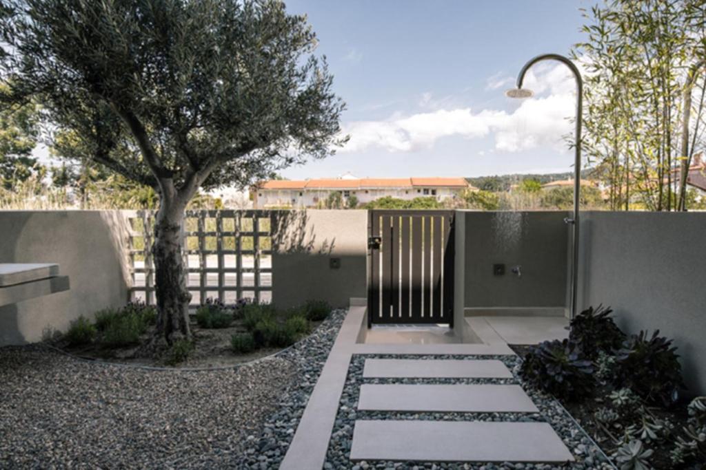 a garden with a gate and a tree at Dia Viou Rene in Paradisos