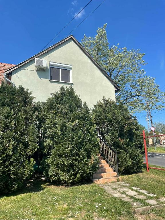 a house with a bunch of bushes in front of it at VIL'LAGUNA Apartment with view of Balaton in Zánka