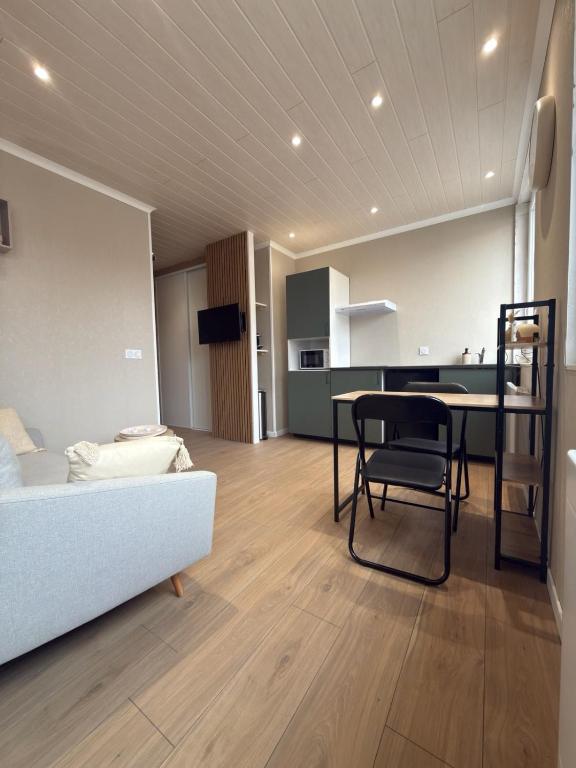 a living room with a couch and a table at Appartement Le Cocon des Rives in Vichy