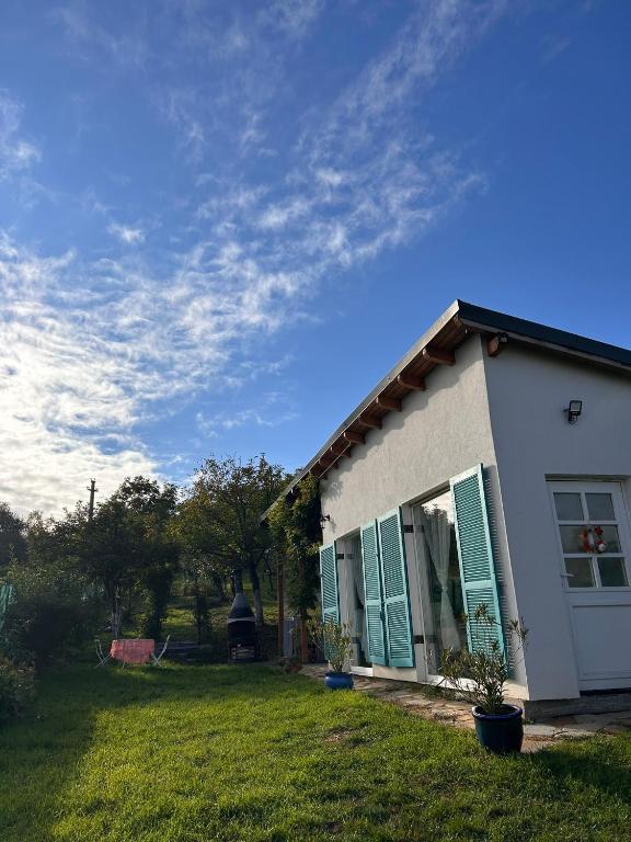 a small white house with a green yard at Backyard Cottage in Răhău