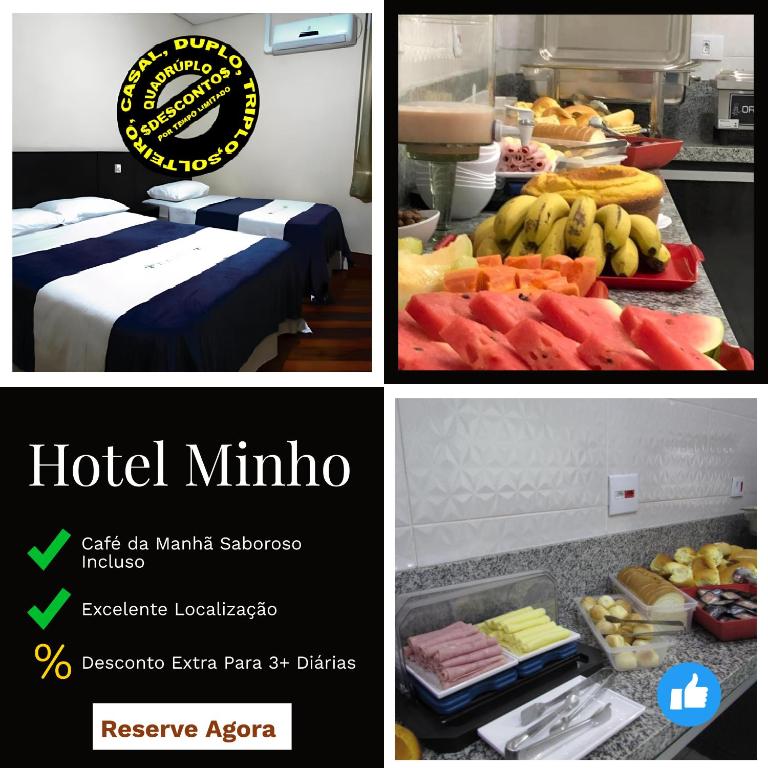 a collage of three pictures of a hotel minuto with food at Hotel Minho SP - Melhor Opção do Centro - Café da Manhã Incluso - Perto do Metrô, 25 de Março e Brás - 10 Min do Allianz Parque, 11 Min do Expo Center Norte e 9 Min do Distrito Anhembi in São Paulo