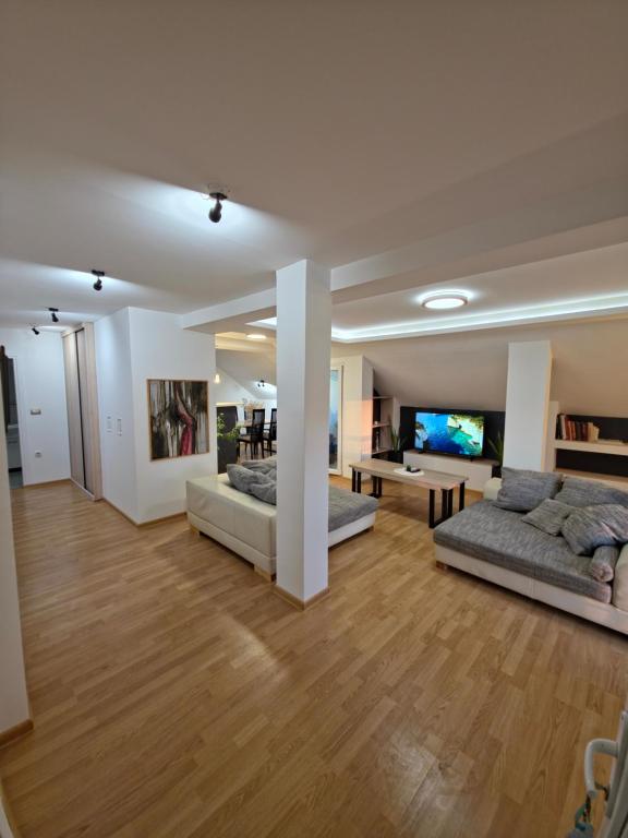 a large living room with two couches and a tv at Sense Loft in Leskovac