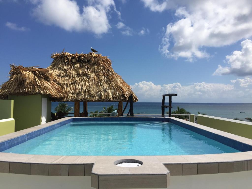 ein Pool mit einem Strohschirm und dem Meer in der Unterkunft Casa del Rai in San Pedro