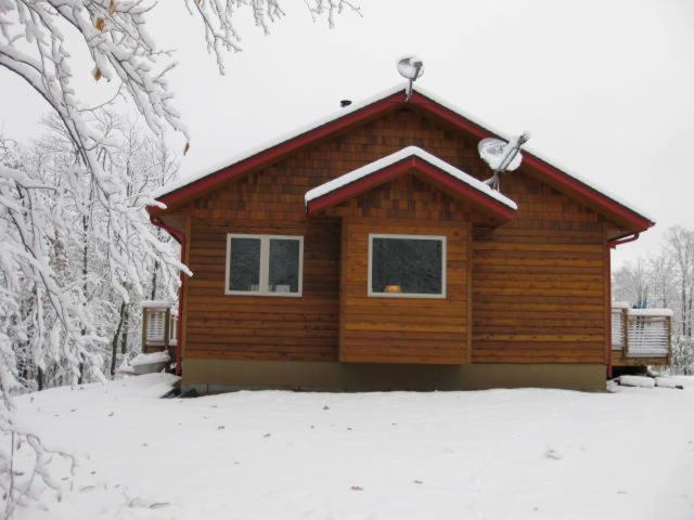 a log cabin in the snow with snow covered trees at The Bear Cabin in Ironwood
