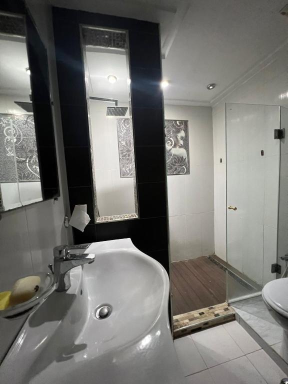 a bathroom with a white sink and a shower at Residance Panorama 52 in Sousse