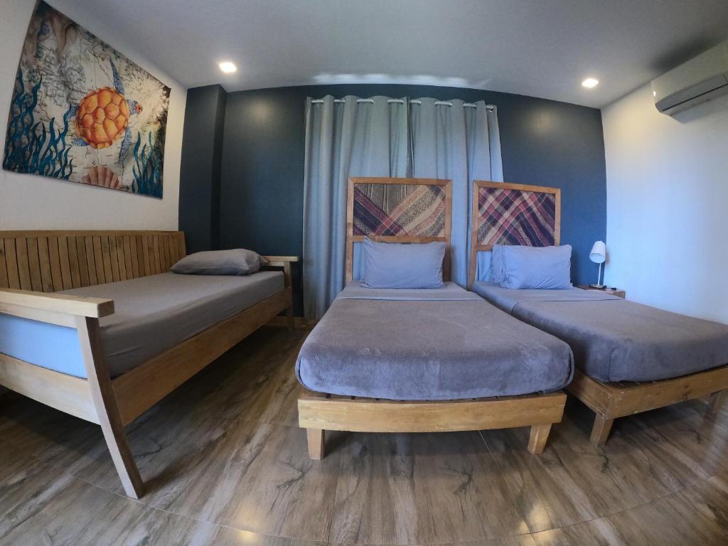 two beds in a room with blue walls and wooden floors at Silver Reef Dive Resort in Dauin