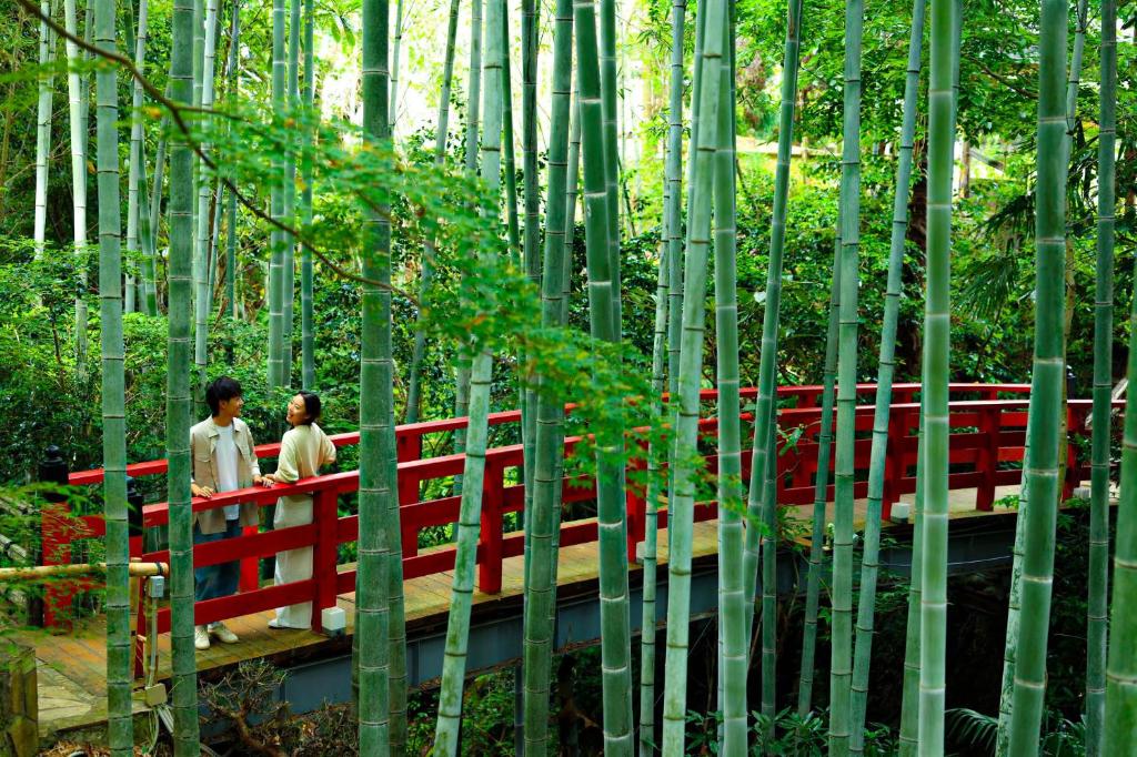 two people standing on a red bridge in a bamboo forest at Oukai Villa Izumi in Izumi