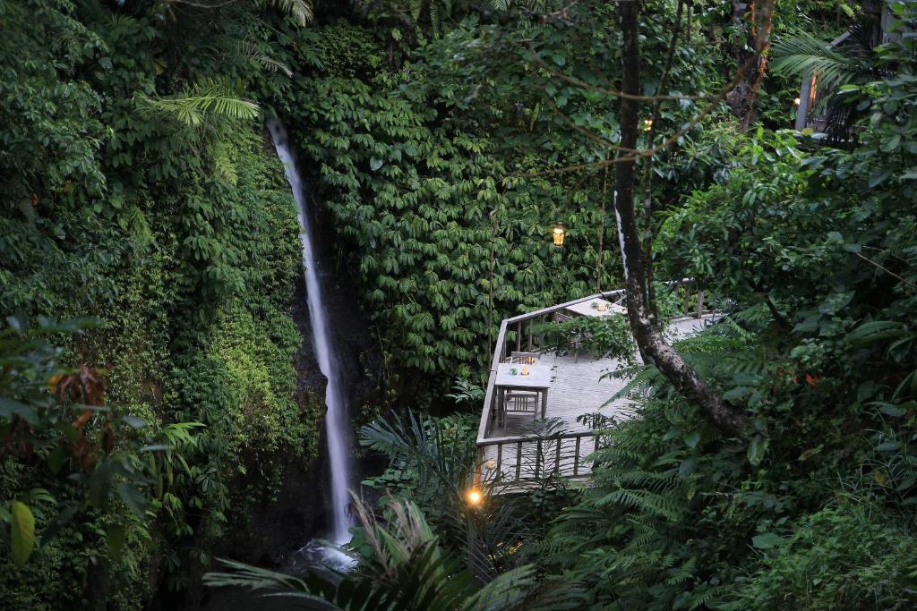a house in the jungle with a waterfall at The Kayon Resort in Ubud
