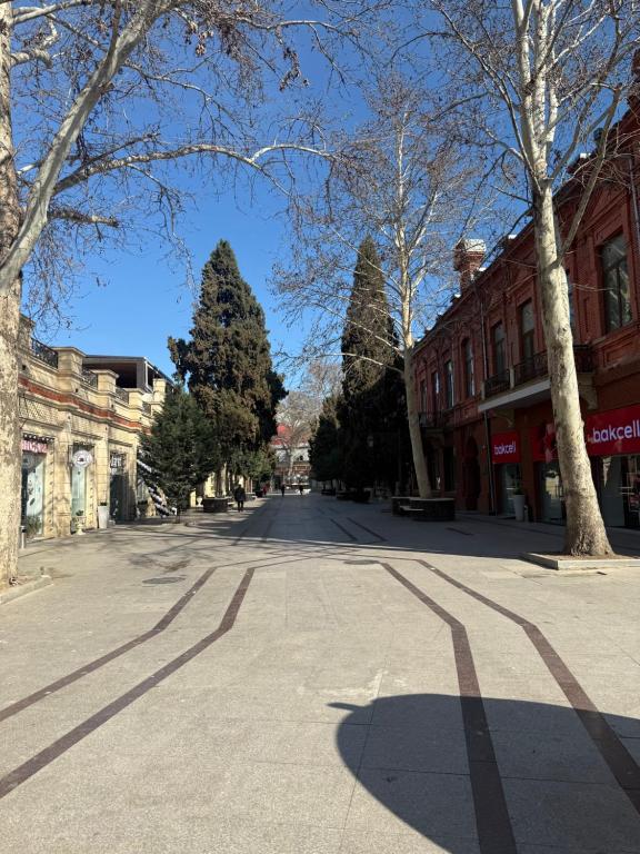 an empty street in a town with trees and buildings at Vintage Stile in Ganja