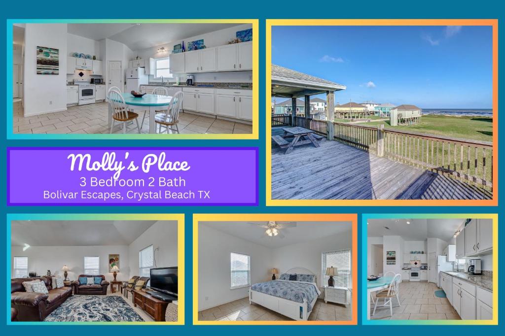 a collage of pictures of a living room and a kitchen at Molly's Place home in Crystal Beach