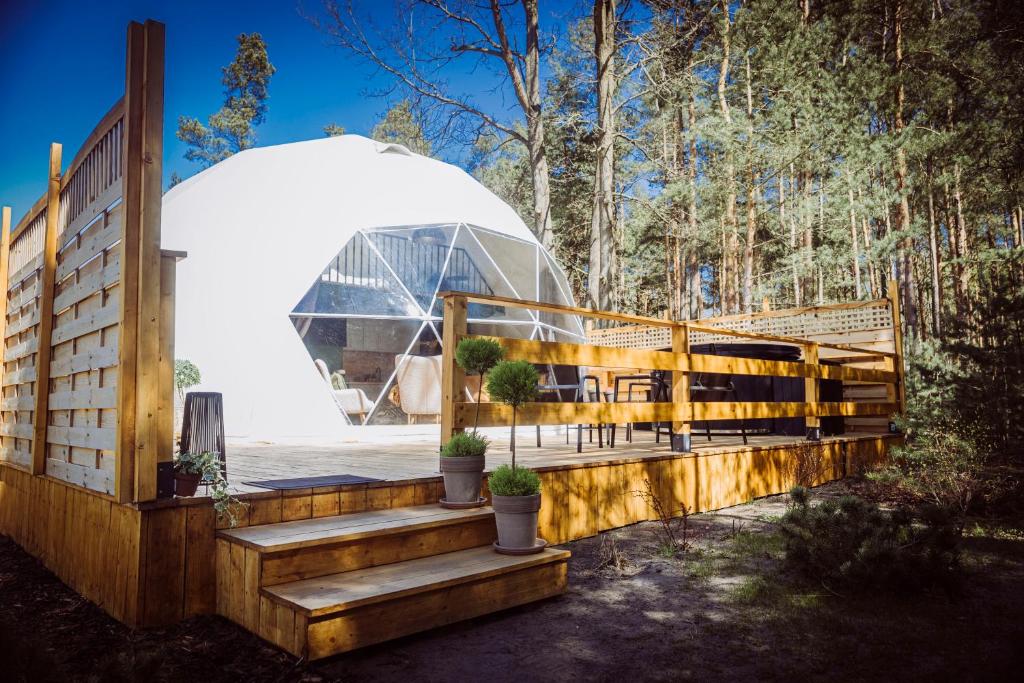 ein Kuppelgebäude mit Treppe und Glaskuppel in der Unterkunft Skyview Glamping Jacuzzi , Sauna in Ludwinów