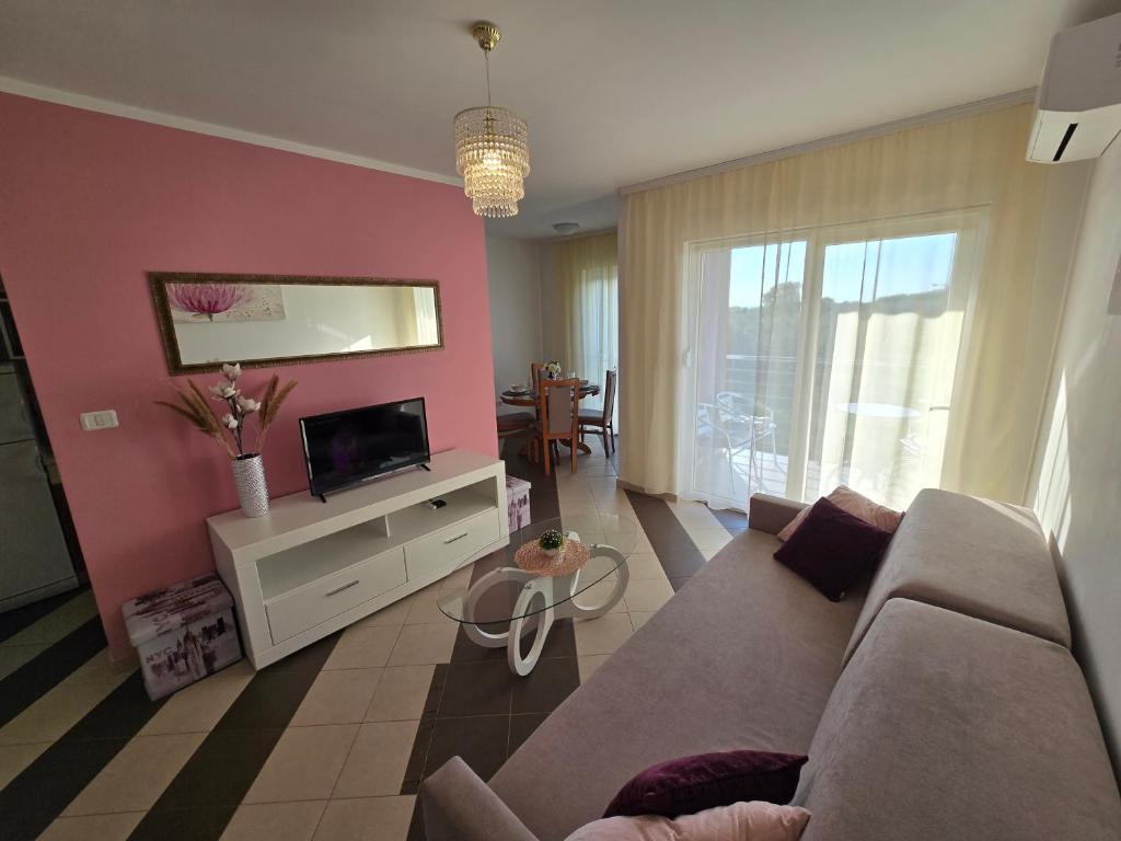 a living room with a couch and a tv at Lavanda Samarin in Zambratija