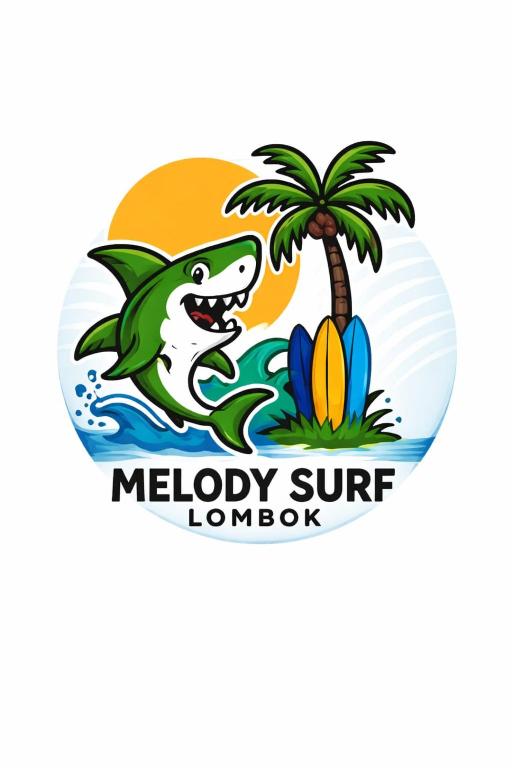 a dinosaur in the ocean with a palm tree and a beach at Melody Surf Ekas Lombok in Ekas