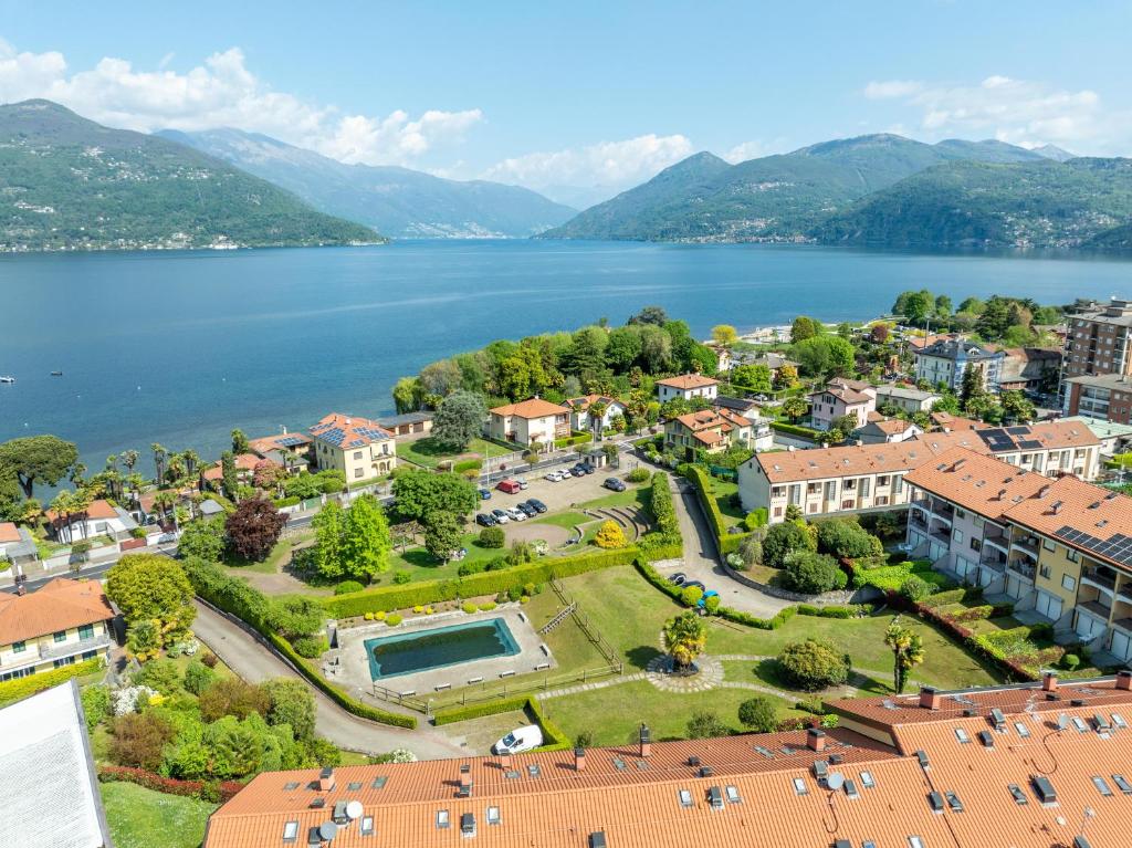 an aerial view of a town with a lake at Casa Ester a due passi dal lago in Germignaga