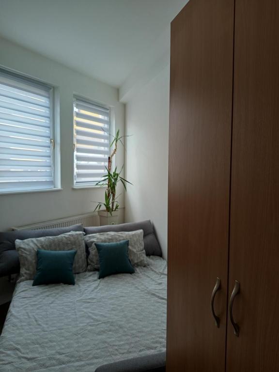 a bedroom with a bed with two blue pillows at Fantazija Tešnjar Apartment in Valjevo