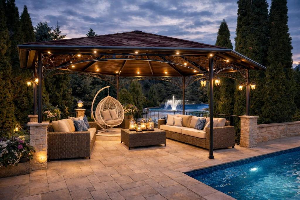 a gazebo with couches and a pool at Penzión Pulse in Podhájska