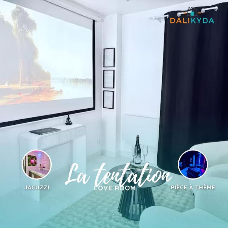 a living room with a tv and a screen at Dalikyda La Tentation Jacuzzi Cinéma élégant in Le Havre