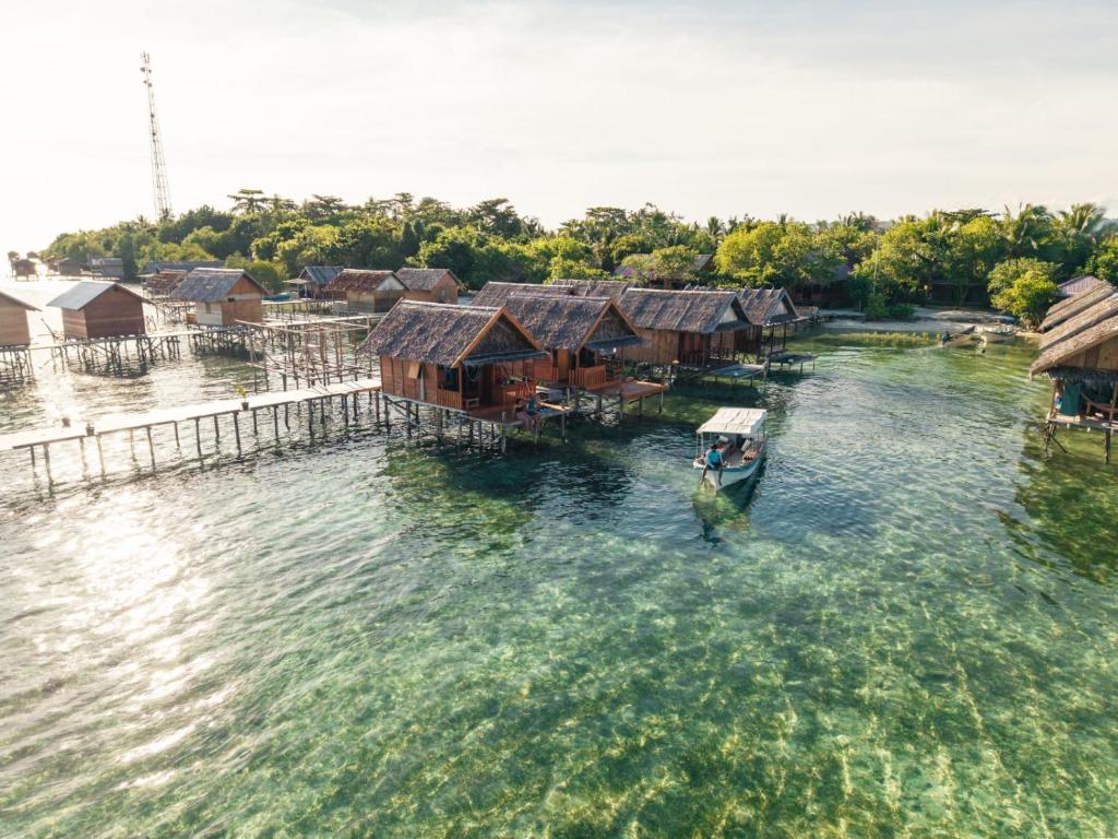 an aerial view of a river with houses and a boat at Angelfish Guest House Raja Ampat in Besir