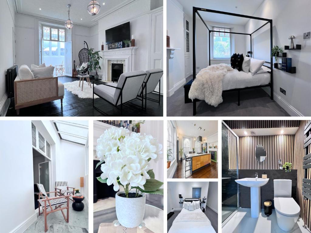 a collage of photos of a living room and a bedroom at Central spacious town house in Exeter