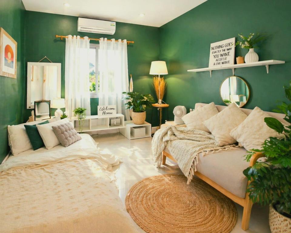 a living room with a couch and a green wall at Greeny garden house in Ban Na Sat