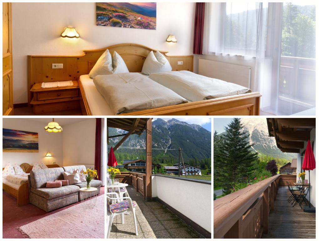 a collage of pictures of a hotel room at Haus Almrose in Leutasch