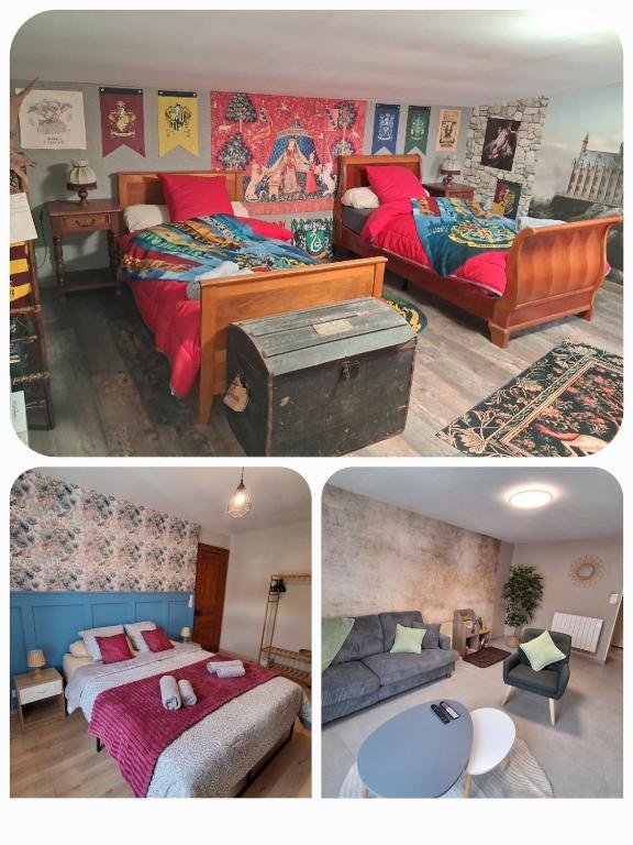 a collage of three pictures of a bedroom with beds at Un Air de Poudlard in Bogny Sur Meuse