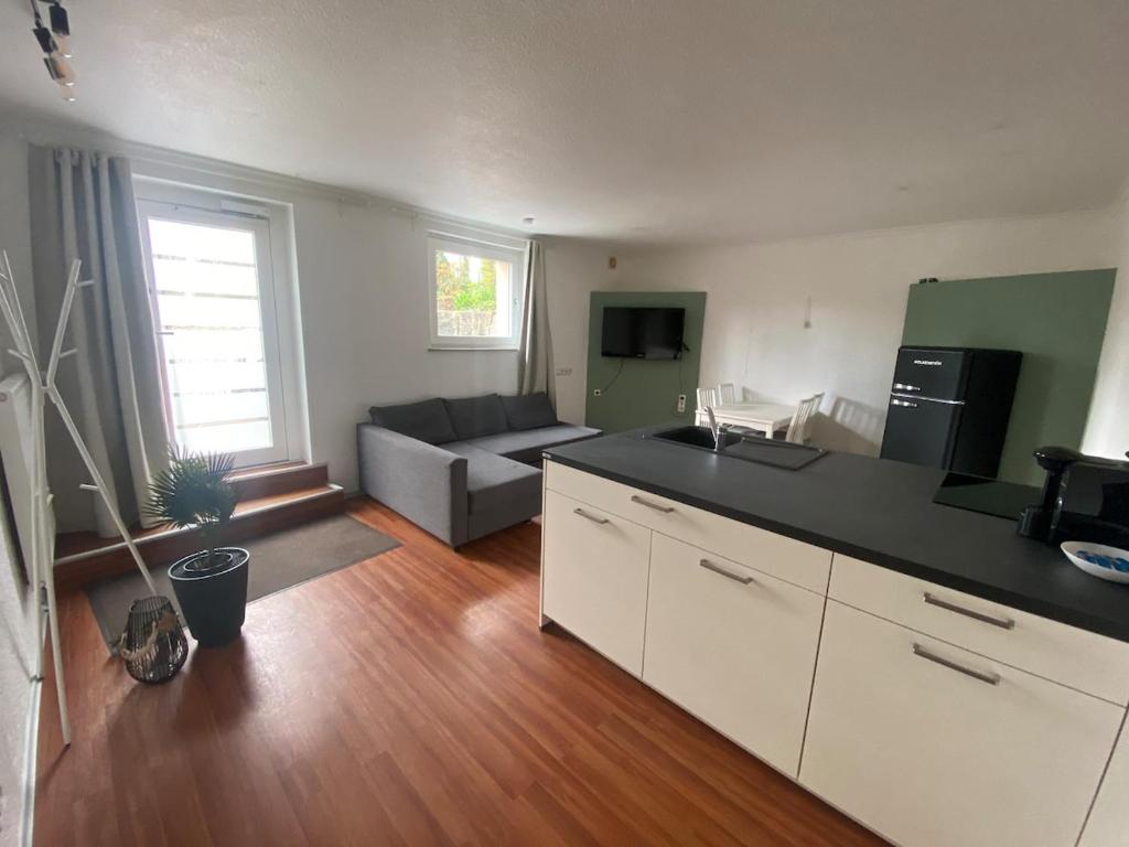 a kitchen and living room with a couch and a table at Ferienwohnung Habichtsnest in Runkel