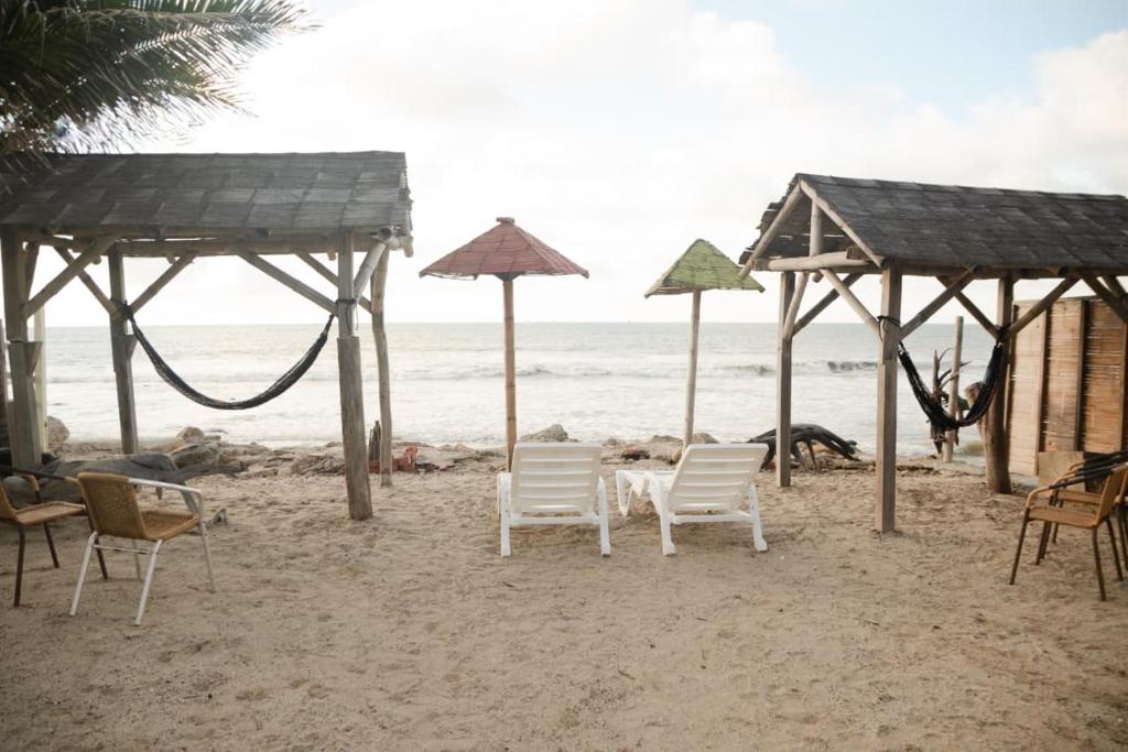 a group of chairs and umbrellas on a beach at Dylan Beach in Zorritos