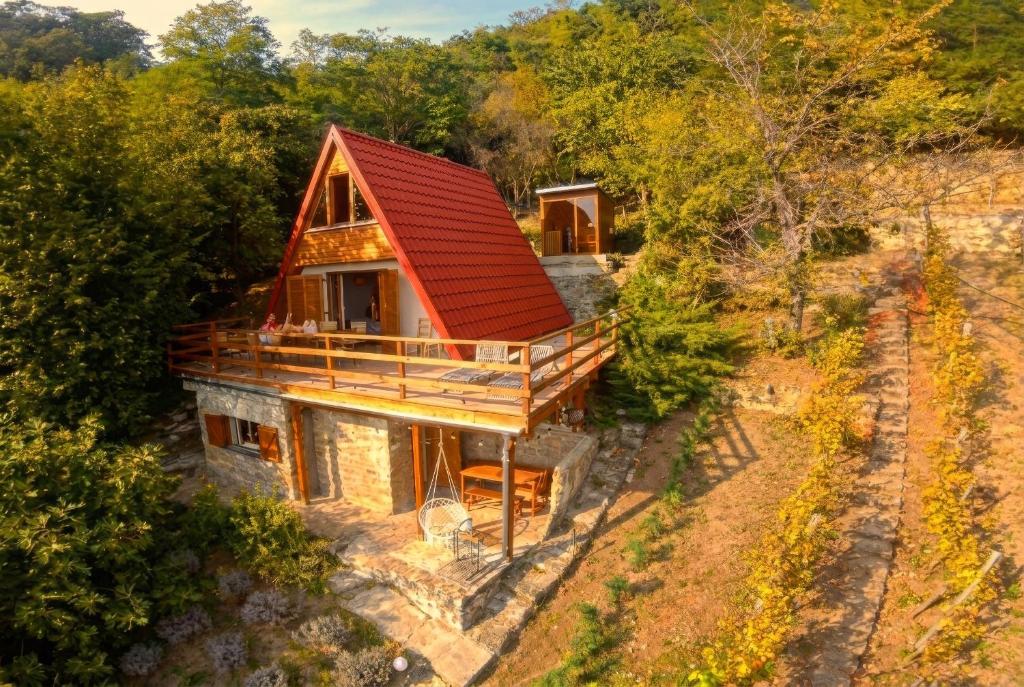 an overhead view of a house with a red roof at Kamonkő Panoráma Kuckó in Szigliget