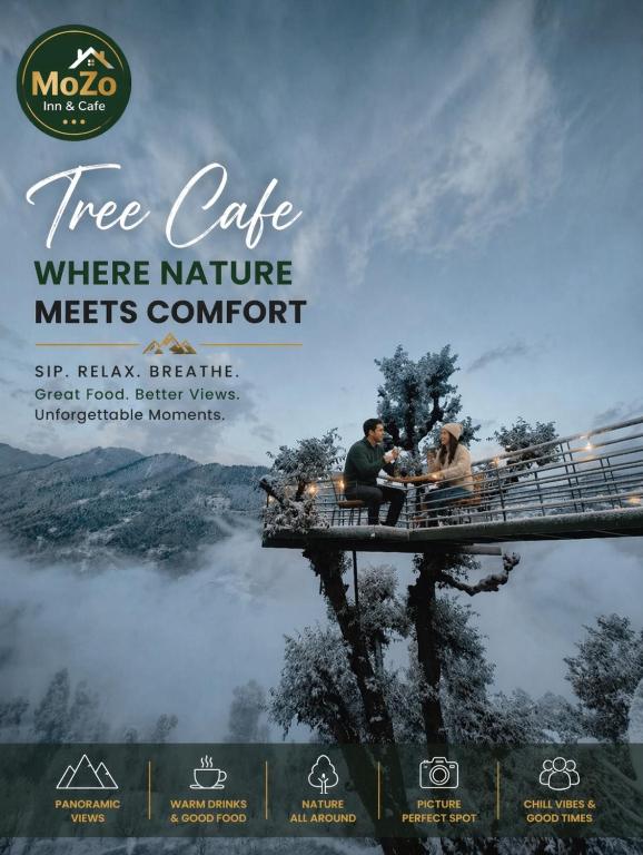 a poster for a tree cafe where nature meets comfort at MOZO Inn&Cafe Jibhi in Banjār