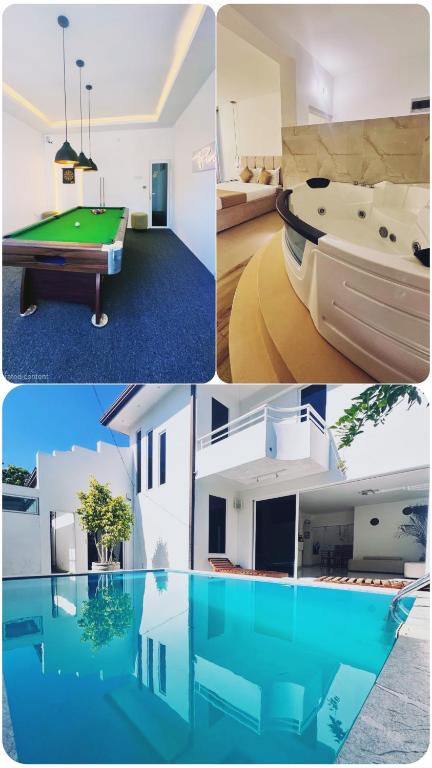 a collage of photos of a house with a pool table at La Costa Hotel 15 Min from Airport,Free High-Speed WiFi, Spa Bath, Pool & Restaurant in Katunayaka