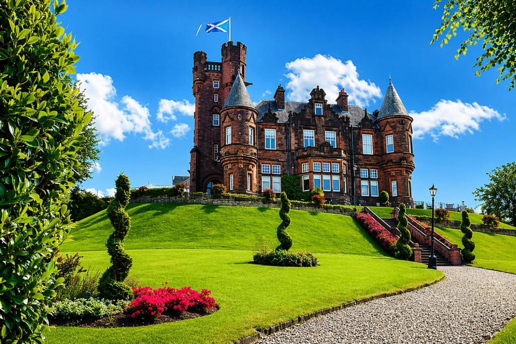 an old castle on top of a lush green field at Sherbrooke Castle Hotel in Glasgow