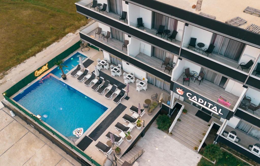 an aerial view of a hotel with a swimming pool at Capital Rooms in Ulcinj