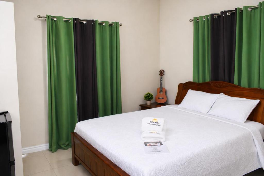 a bedroom with a bed with green curtains and a guitar at Incognito Reggae Rooms in Kingston