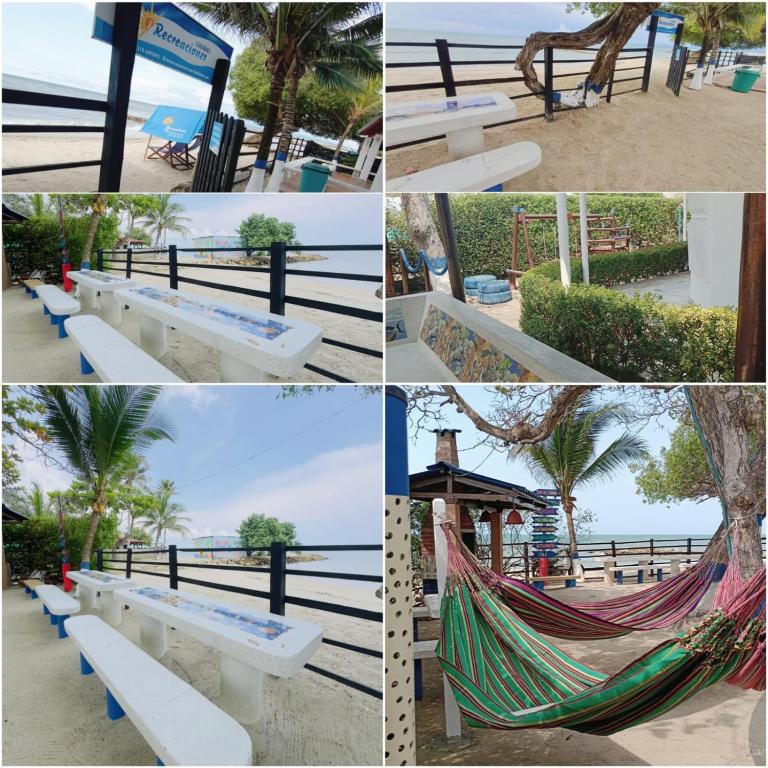a collage of photos of a hammock and a beach at Cabanas Recreaciones in Coveñas