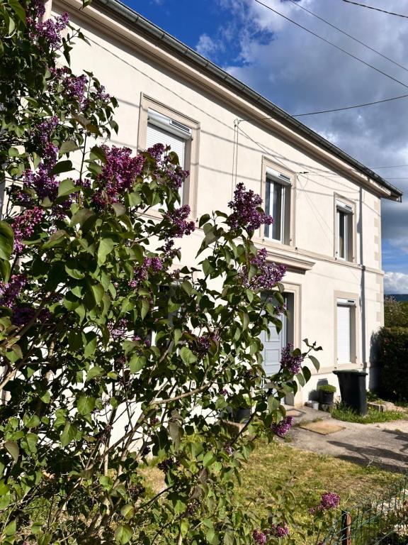 a white house with purple flowers in front of it at Le Milpa LXXXVIII in Brouvelieures