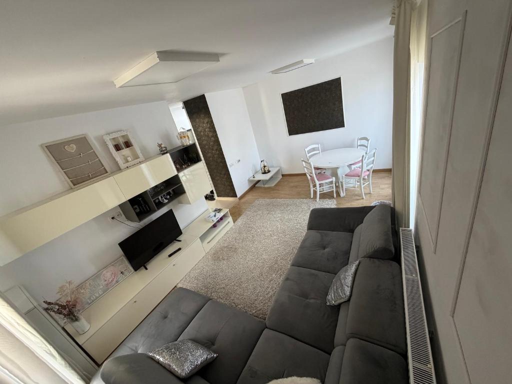 a living room with a couch and a table at Biby apartament in Cluj-Napoca