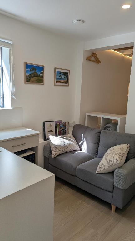 a living room with a gray couch and a kitchen at Rivulet Nook in West Hobart