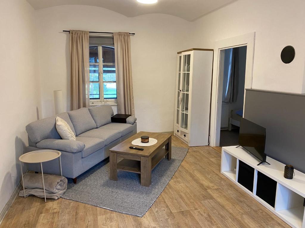 a living room with a couch and a tv at Apartmán Na Pavlači in Velký Třebešov
