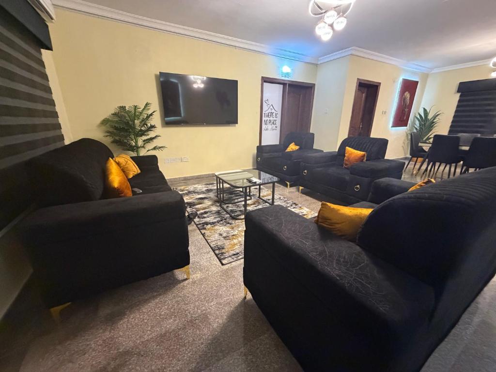 a living room with couches and a flat screen tv at Max Heron, Gorgeous 2 Bedroom in Ikeja