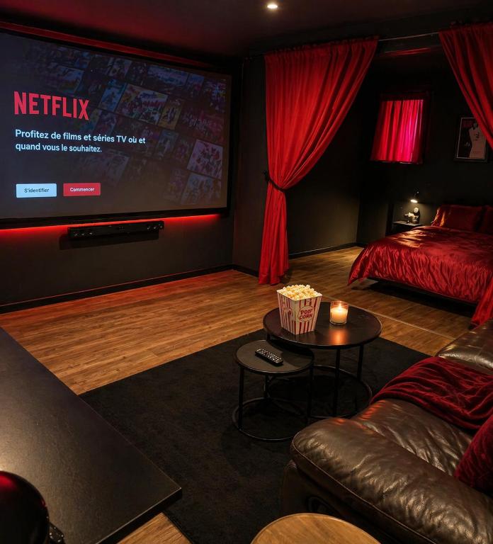 a living room with a couch and a tv at Appartement thème cinéma in Cazouls-lès-Béziers