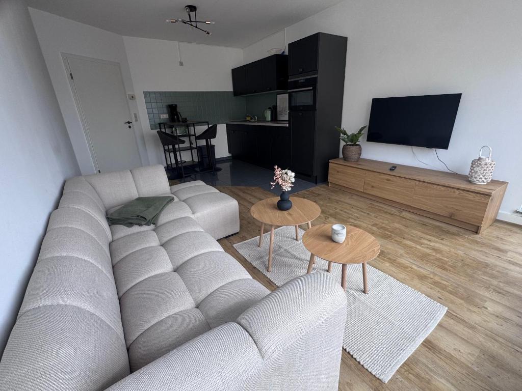 a living room with a couch and a table at Stadttor Quartier Puschkinstrasse 58, Lutherstadt Wittenberg in Lutherstadt Wittenberg