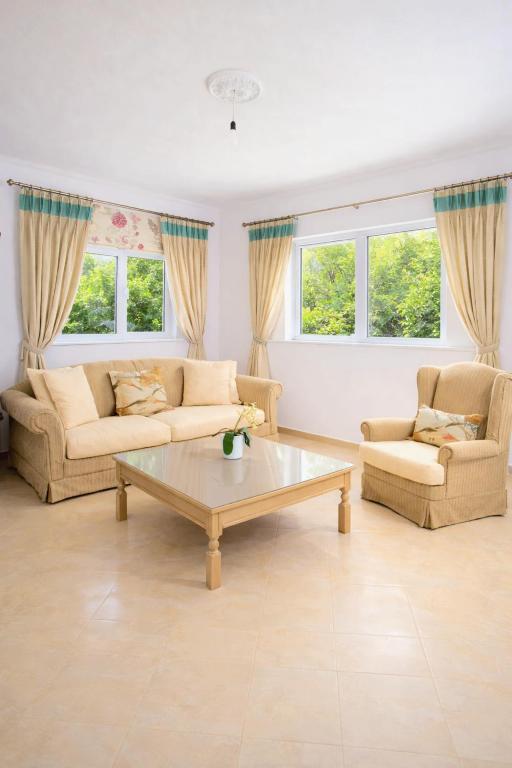 a living room with two couches and a coffee table at Cozy Home in Delvinë