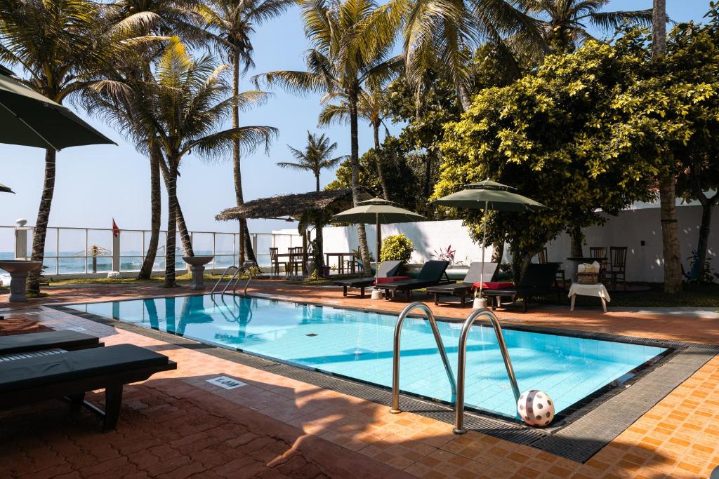 a swimming pool with palm trees and a view of the ocean at Edelweiss Resort in Mirissa